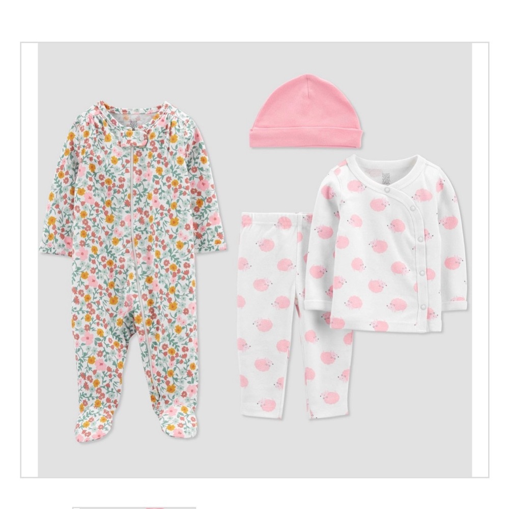 Adorable patterned baby girls’ 4piece onesie set by Carter’s